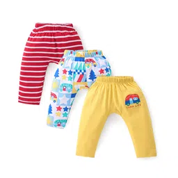 Babyhug Cotton Interlock  Knit Full Length Diaper Pants Stripes & Car Print Pack of 3 - Red Yellow & Blue-picture-13