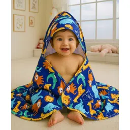 Babyhug Cotton Interlock Knit Hooded Wrapper with Animal Print L 75 x B 73 cm - Navy Blue-picture-18