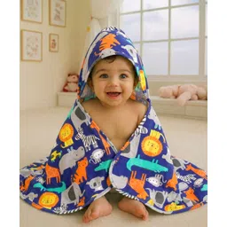 Babyhug Cotton Interlock Knit Hooded Wrapper with Animal Print L 76 x B 73 cm - Navy Blue-picture-12