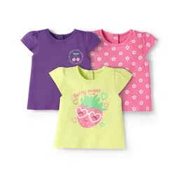 Babyhug Cotton Knit Cap Sleeves T-Shirts with Floral & Fruits Print Pack of 3 - Purple Pink & Limegreen-picture-17
