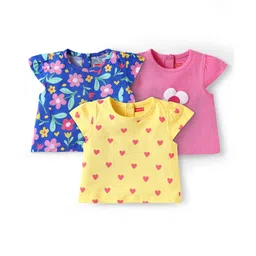 Babyhug Cotton Knit Cap Sleeves T-Shirts with Floral & Hearts Print Pack of 3 - Yellow Blue & Pink image 1