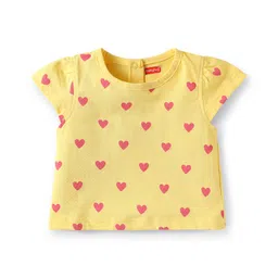 Babyhug Cotton Knit Cap Sleeves T-Shirts with Floral & Hearts Print Pack of 3 - Yellow Blue & Pink image 2