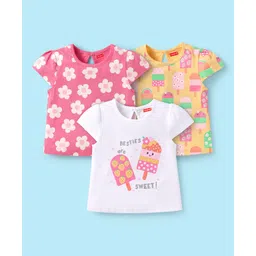 Babyhug Cotton Knit Cap Sleeves T-Shirts with Floral & Popsicle Glitter Print Pack of 3 - Pink White & Yellow-picture-32