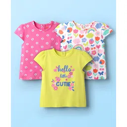 Babyhug Cotton Knit Cap Sleeves T-Shirts with Floral & Text Print Pack of 3 - Pink Light Green & White-picture-20