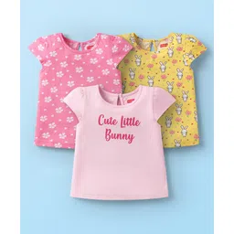 Babyhug Cotton Knit Cap Sleeves T-Shirts with Floral Bunny & Text Print Pack of 3 - Yellow & Pink-picture-16