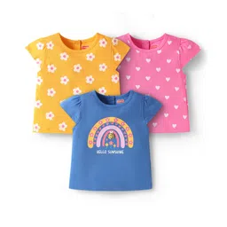 Babyhug Cotton Knit Cap Sleeves T-Shirts with Floral Hearts & Rainbow Print Pack of 3 - Yellow Blue & Pink-picture-11