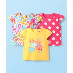 Babyhug Cotton Knit Cap Sleeves T-Shirts with Floral Print Pack of 3 - Pink White & Yellow-picture-27