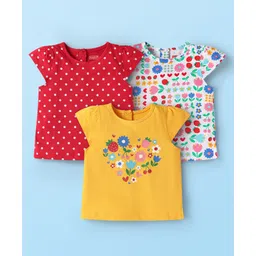 Babyhug Cotton Knit Cap Sleeves T-Shirts with Floral Print Pack of 3 - Red Yellow & White-picture-23