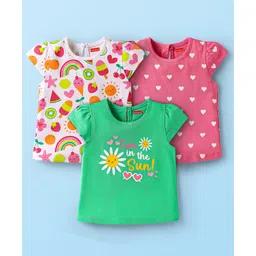 Babyhug Cotton Knit Cap Sleeves T-Shirts with Hearts & Tropical Theme Print Pack of 3 - Pink Light Green & White-picture-39