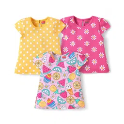 Babyhug Cotton Knit Cap Sleeves T-Shirts with Polka Dots & Floral Print Pack of 3 - Yellow Dark & Light Pink-picture-36