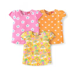Babyhug Cotton Knit Cap Sleeves T-Shirts with with Floral & Hearts Print Pack of 3 - Yellow Orange & Pink-picture-13