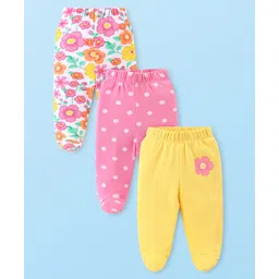 Babyhug Cotton Knit Floral & Polka Dots Printed Footed Leggings - Cream Pink & Yellow image 1