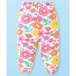 Babyhug Cotton Knit Floral & Polka Dots Printed Footed Leggings - Cream Pink & Yellow image 2