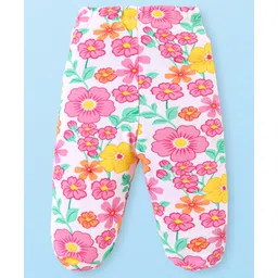 Babyhug Cotton Knit Floral & Polka Dots Printed Footed Leggings - Cream Pink & Yellow image 3