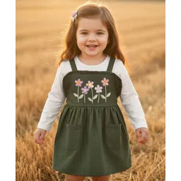 Babyhug Cotton Knit Floral Embroidered Frock with Full Sleeves Inner Tee - Olive Green & White-picture-14
