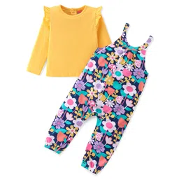 Babyhug Cotton Knit Floral Printed Dungaree with Full Sleeves Inner Tee - Yellow & Blue-picture-17