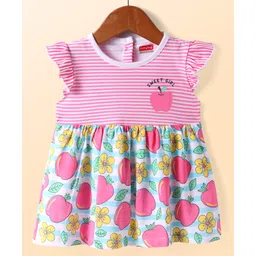 Babyhug Cotton Knit Frill Sleeves Frock With Floral & Apple Print - Pink-picture-12