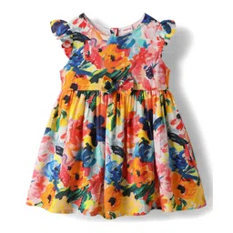 Babyhug Cotton Knit Frill Sleeves Frock With Floral Print & Bow Applique - Yellow-picture-13