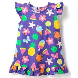 Babyhug Cotton Knit Frill Sleeves Nighty With Tropical Theme Print - Purple-picture-16