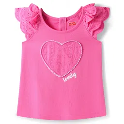 Babyhug Cotton Knit Frill Sleeves T-Shirt with Heart Lace Detailing & Text Print - Dark Pink-picture-23