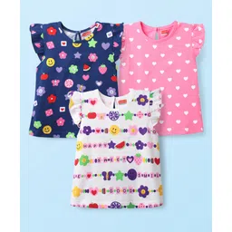 Babyhug Cotton Knit Frill Sleeves T-Shirt with Tropical Theme & Hearts Print Pack of 3 - Navy Blue Pink & White-picture-15