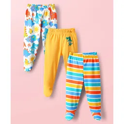 Babyhug Cotton Knit Full Length Bootie Leggings With Dino Print & Stripes Pack Of 3 - Yellow White & Blue-picture-14