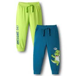 Babyhug Cotton Knit Full Length Dino & Text Printed Lounge Pants Pack Of 2 - Teal Blue & Lime Green-picture-22