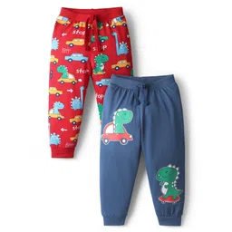 Babyhug Cotton Knit Full Length Dino & Vehicles Printed Lounge Pants Pack Of 2 - Red & Navy Blue-picture-23