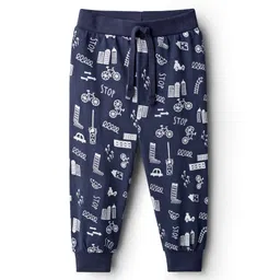 Babyhug Cotton Knit Full Length Joggers With Vehicle Print - Navy Blue-picture-13