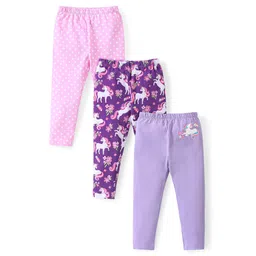 Babyhug Cotton Knit Full Length Leggings with Polka Dots & Unicorn Print Pack of 3 - Multicolour-picture-37