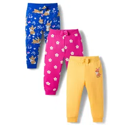 Babyhug Cotton Knit Full Length Lounge Pants With Floral & Bunny Print Pack of 3 - Navy Blue Pink & Yellow-picture-10