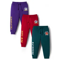 Babyhug Cotton Knit Full Length Lounge Pants with Sports Theme Print Pack of 3 - Red Green & Purple-picture-36