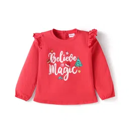 Babyhug Cotton Knit Full Peasant Sleeves Believe in Magic Printed Top with Frill Detailing - Red-picture-13