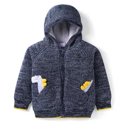 Babyhug Cotton Knit Full Raglan Sleeves Hooded Sweater with Dino Applique - Navy Blue-picture-20