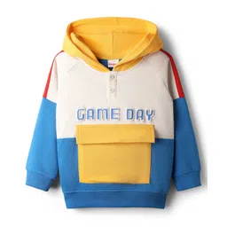 Babyhug Cotton Knit Full Raglan Sleeves Hooded Sweatshirt with Henley Neck Cut & Sew Design & Game Boy Graphics - White Blue & Yellow-picture-26