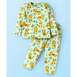 Babyhug Cotton Knit Full Sleeves Animal Printed Night Suit - Light Green-picture-17