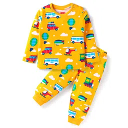 Babyhug Cotton Knit Full Sleeves Car Printed Night Suit - Yellow-picture-17
