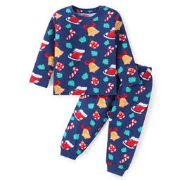 Babyhug Cotton Knit Full Sleeves Christmas Theme Print Night Suit - Navy Blue-picture-29