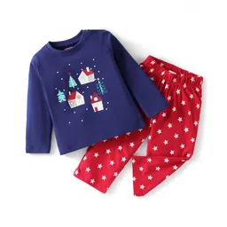 Babyhug Cotton Knit Full Sleeves Christmas Theme Printed Night Suit - Navy & Red-picture-27