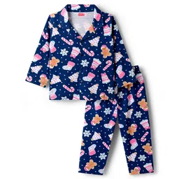 Babyhug Cotton Knit Full Sleeves Co-ord Night Suit With Christmas Theme Print - Navy Blue-picture-23