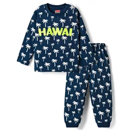 Babyhug Cotton Knit Full Sleeves Co-Ord Night Suit with Hawai Print - Navy Blue-picture-25