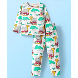 Babyhug Cotton Knit Full Sleeves Co-ords Night Suit With Animal Print - White-picture-25