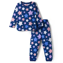 Babyhug Cotton Knit Full Sleeves Co-ords Night Suit With Star Print - Blue-picture-12