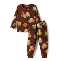 Babyhug Cotton Knit Full Sleeves Co-ords Night Suit With Vehicle Print - Brown-picture-31
