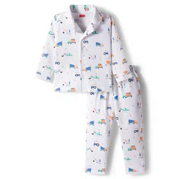 Babyhug Cotton Knit Full Sleeves Co-ords Night Suit With Vehicle Print - White-picture-38