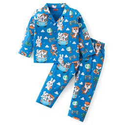 Babyhug Cotton Knit Full Sleeves Collared Night Suit With Animals Print - Blue-picture-35
