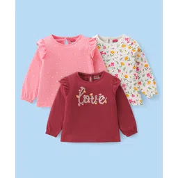 Babyhug Cotton Knit Full Sleeves Floral & Text Print T-Shirts Pack of 3 - Pink Maroon & Green-picture-25