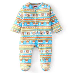 Babyhug Cotton Knit Full Sleeves Footed Sleep Suit Animals Print - Blue & Brown-picture-37