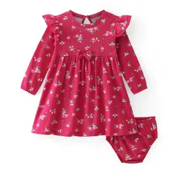 Babyhug Cotton Knit Full Sleeves Frock & Bloomer With Frill Detail & Floral Print - Maroon-picture-38