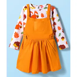 Babyhug Cotton Knit Full Sleeves Frock With Animal Printed Inner Tee - Orange & White-picture-23